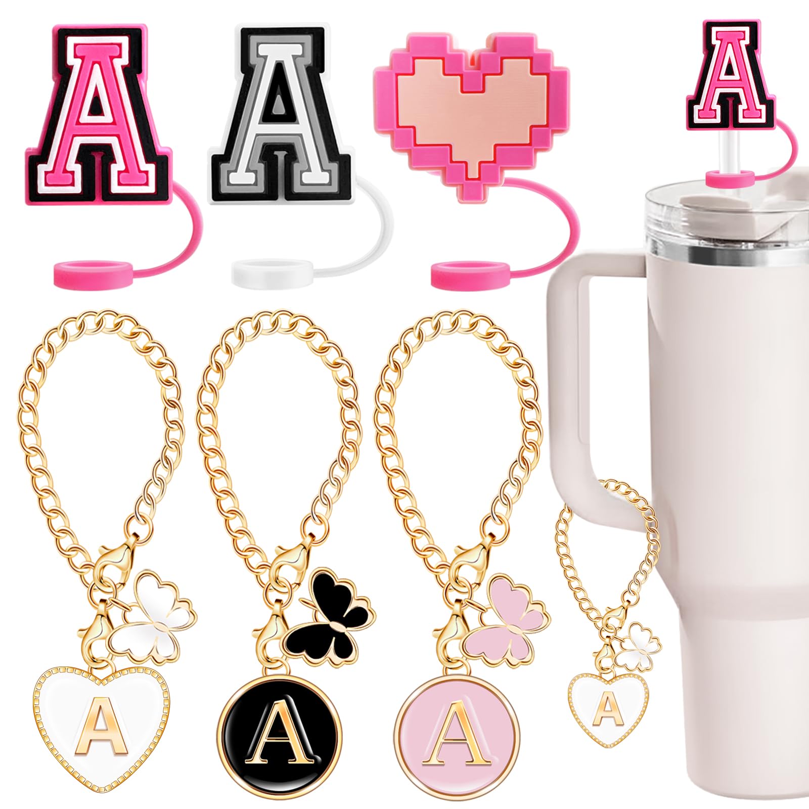 6PCS Compatible with Stanley Cup Accessories, 3PCS 0.4" Straw Cover Cap for Stanley Cup 30&40 Oz, 3PCS Butterfly Letter Charms for Stanley Cups, Straw Toppers for Stanley Tumbler (A)