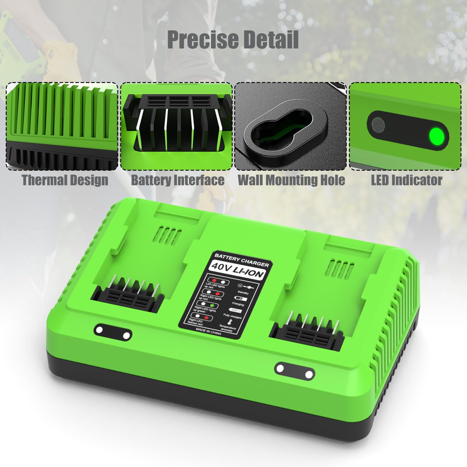 Caricabatterie 40 V Doppia Porta per Greenworks Caricabatterie G40C di Ricambio per Greenworks Batteria 40 V 29462 29472 29252 20202 22262