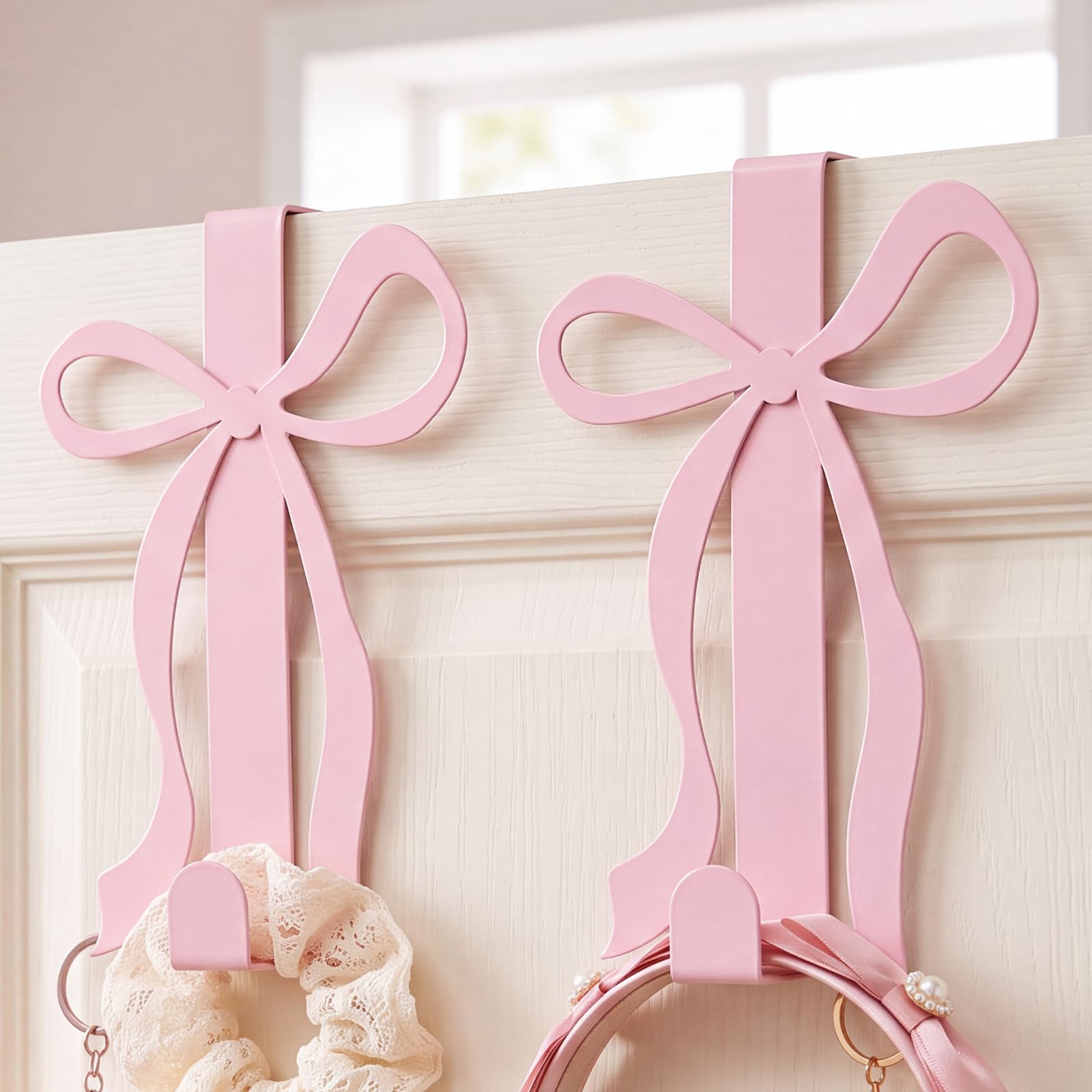 Chunful 2 Pack Pink Bow Over The Door Hook, Metal Strong Door Hanger Hook Coquette Room Decor Bow Accessories for Cabinet Living Room Bathroom Bedroom Kitchen Hanging Clothes Towels Hats Coats Bags