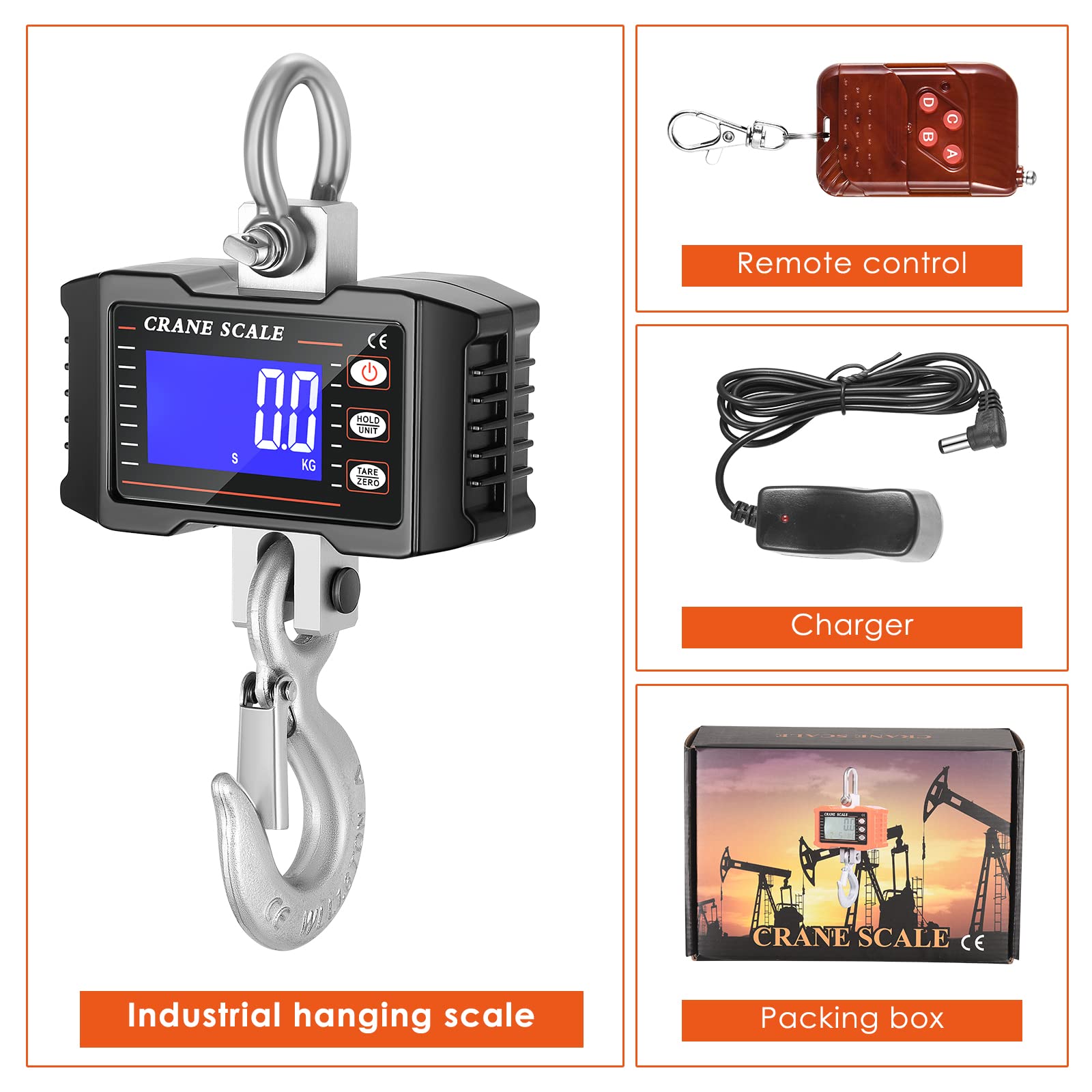 Bascula Gancho Industrial 1000kg, Báscula de Grúa Digital de Alta Precisión Báscula Colgantes Balanza Digital de Grúa LCD Inteligente con Control Remoto