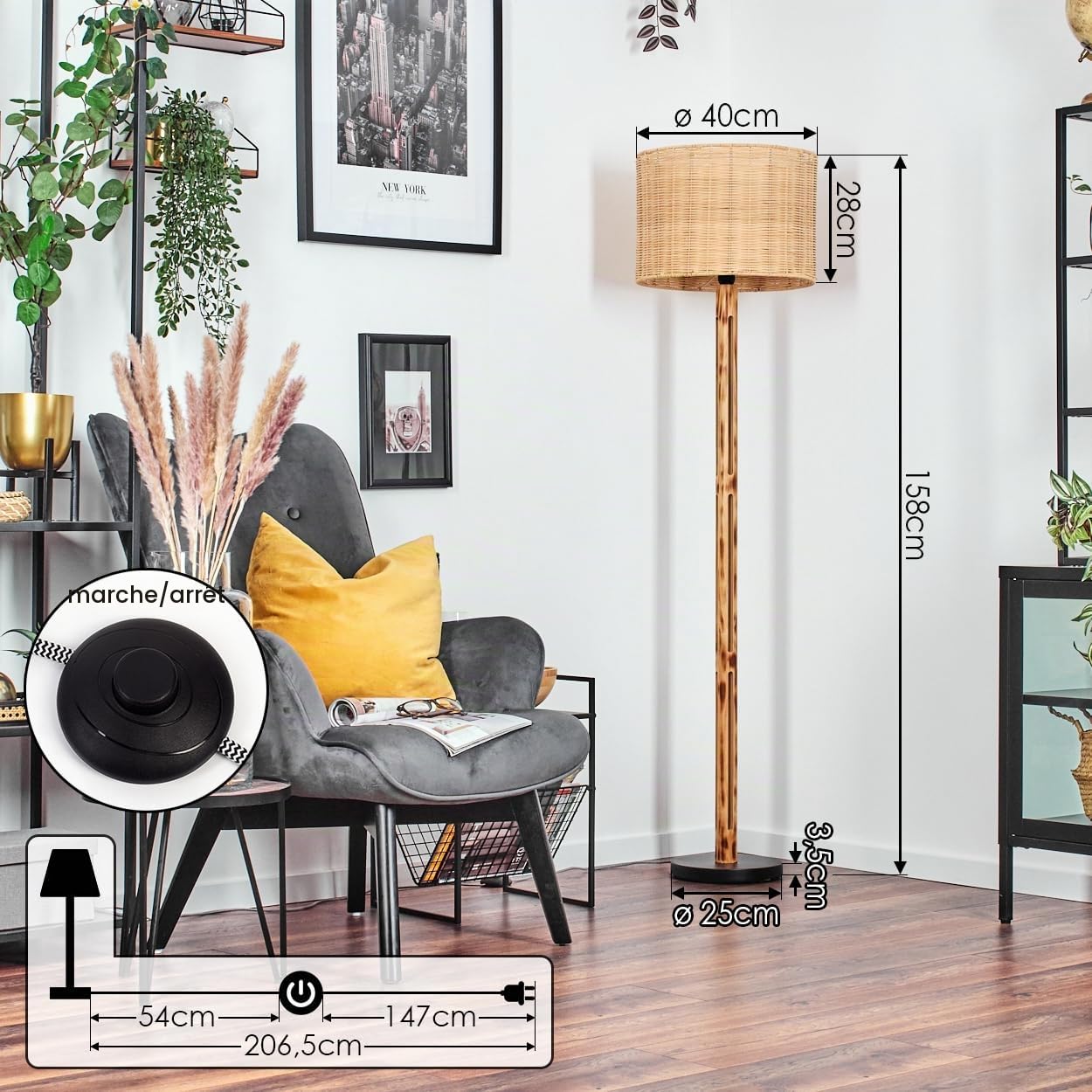 HOFSTEIN Lampadaire Cavaca, au design scandinave, style bohème avec abat-jour en osier/rotin, Ø 40 cm, E27, hauteur 158 cm, avec interrupteur à pied - salon, chambre à coucher, salle à manger, bureau