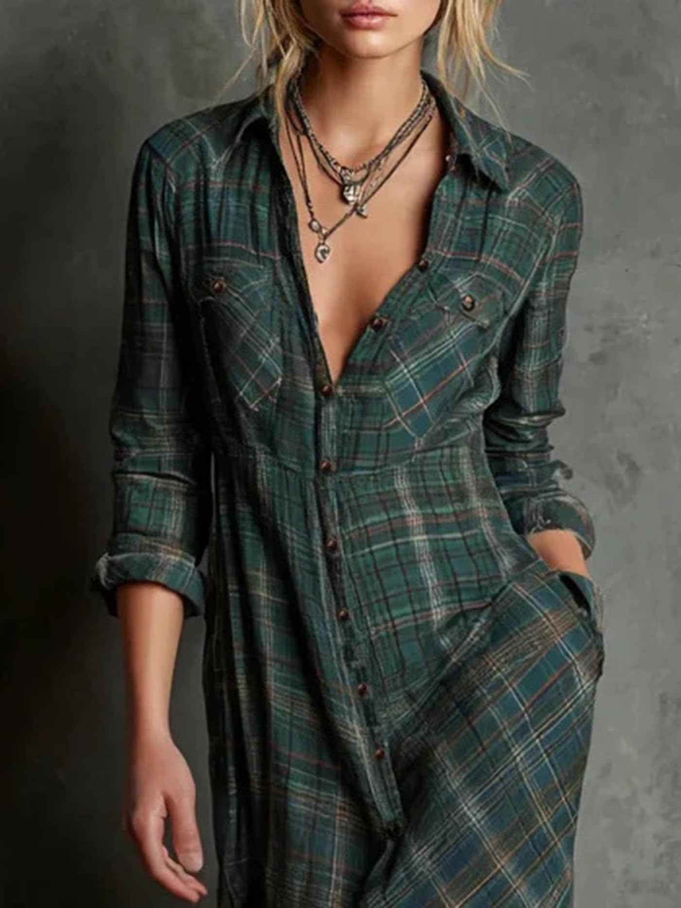 cffvdiz Robe-Chemise Boutonnée pour Femmes Manches Longues Col À Revers Imprimé À Carreaux Robe Maxi Style Campagne