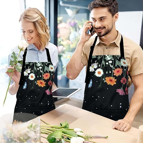 Miniatura 7 de ASPMIZ Delantal floral para adultos, delantal impermeable para mujer con 2 bolsillos, delantales de cocina de flores con correa ajustable para el