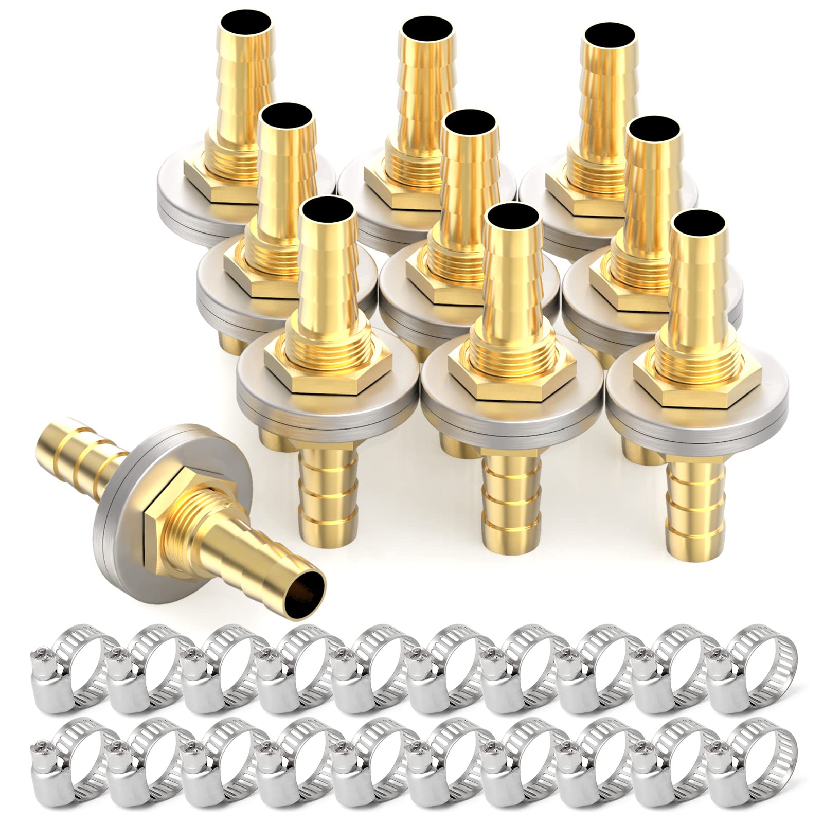 GASHER 10PCS Brass Hose Barb Thru-Bulk Bulkhead Fitting 5/16" to 5/16" Barb Hose, Straight Hex Union Fitting with 20PCS Hose Clamp