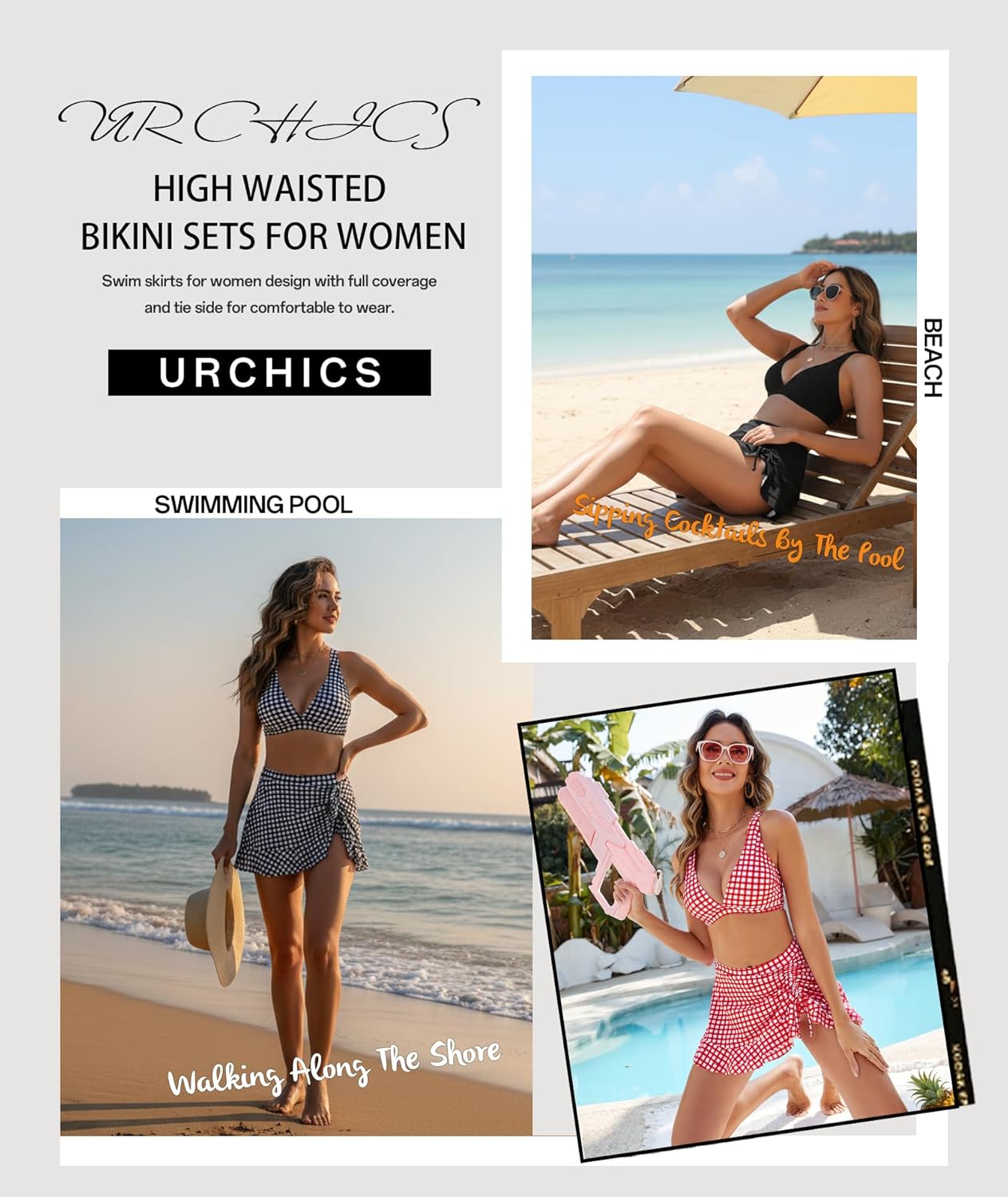 Urchics High Waisted Bikini Sets for Women Gingham Push Up Two Piece Swim Skirt Set Tummy Control Bathing Suit 2026 Swimsuit