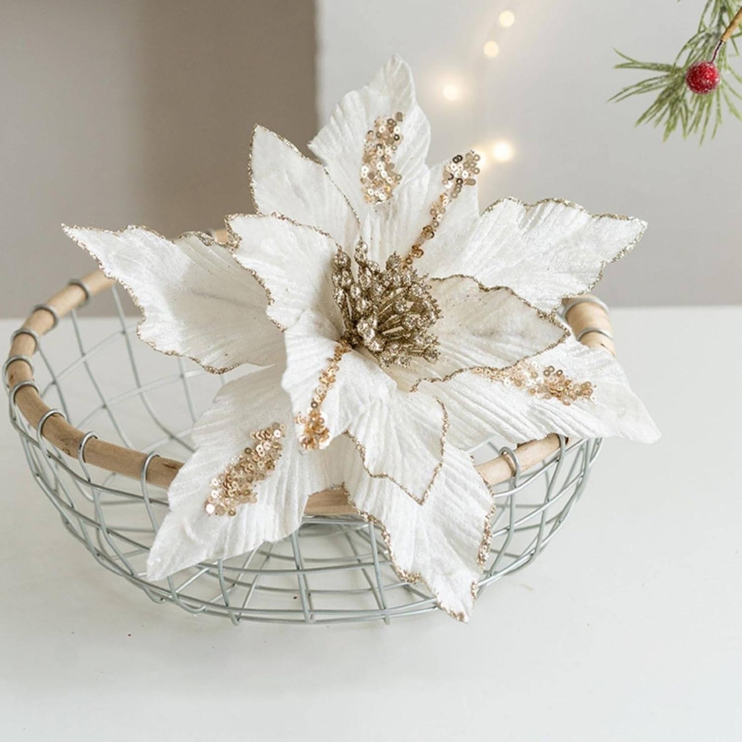 JOYO Christmas Glitter Flowers,10'' Christmas Glitter Magnolia Flower for Tree Christmas,Poinsettia Magnolia Flower,Easy to Hang Christmas Artificial Flowers for Christmas Picks (White 02, 6Pcs)