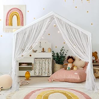 LOAOL Kids Play Tent with Lights, Large Indoor Kids Playhouse, Girls Play Tent Decorated Sequin Sparkle Stars, Den for Kids with Front & Rear Doors, Children Boho Decor（Beige）