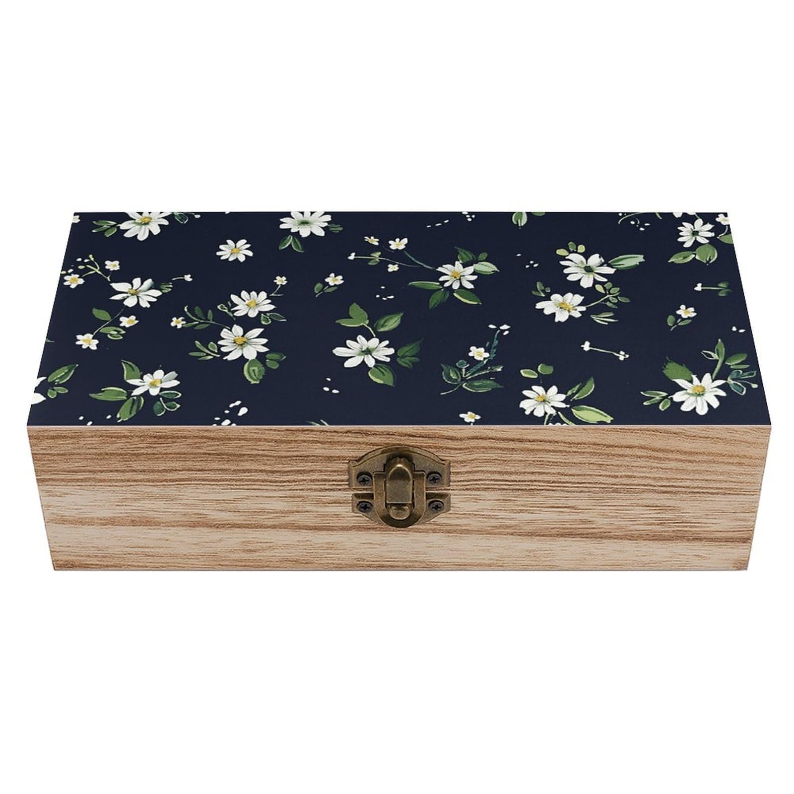 NTVOWPZO Wooden Storage Box Daisy Repeating Pattern Wood Gift Box with Hinged Lid Vintage Decorative Boxes Jewelry Memory Box for Jewelry Art Hobbies Home Storage Treasure Keepsake Gift