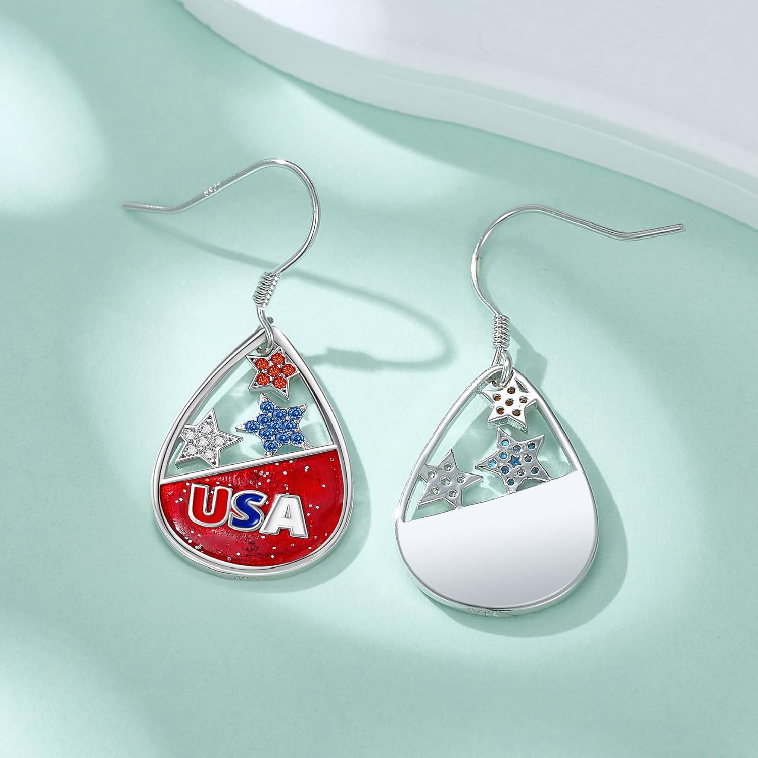 Checkered Flag/American Flag Dangle Earrings Sterling Silver Flag Jewelry for Women - Image 2