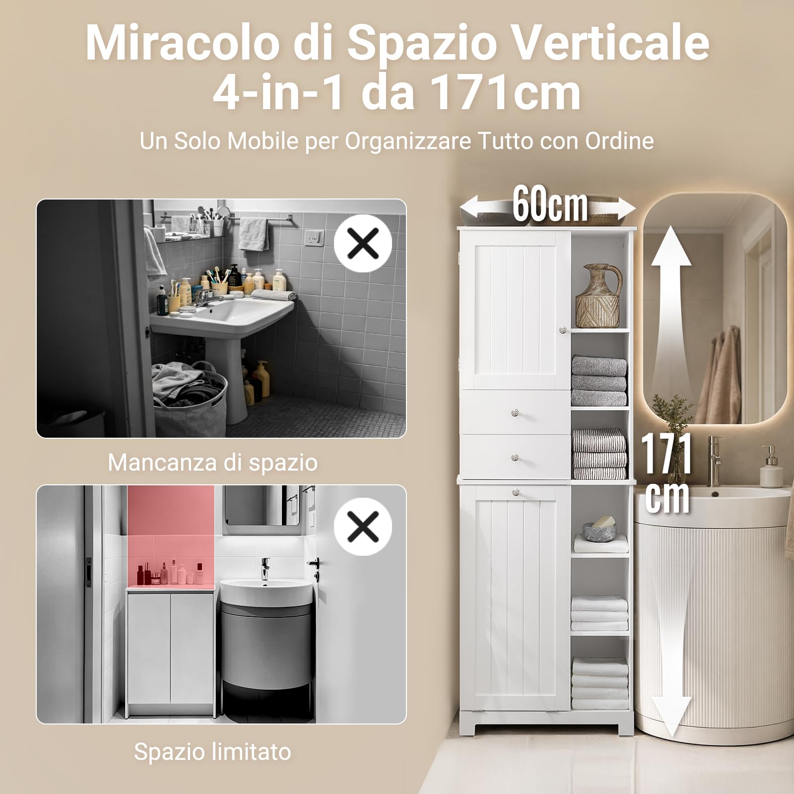 SoBuy Mobile Bagno con Cesto per Linge Mobile Rangemento Alto Armadio Bagno con 6 Ripiani e 2 Cassetti Mobiletto Salvaspazio Bianco 60x37x171 cm BZR104-W