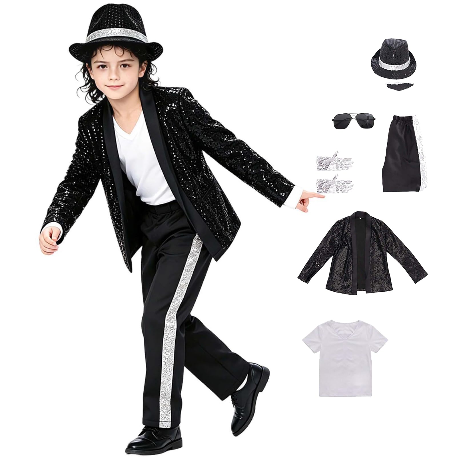 Kids Retro Pop Star Costume Set Striped Jacket Shiny Gold Pant With White Hat And Necktie 80s 90s Music Icon For Halloween Party Stage Performance And Fancy Dress