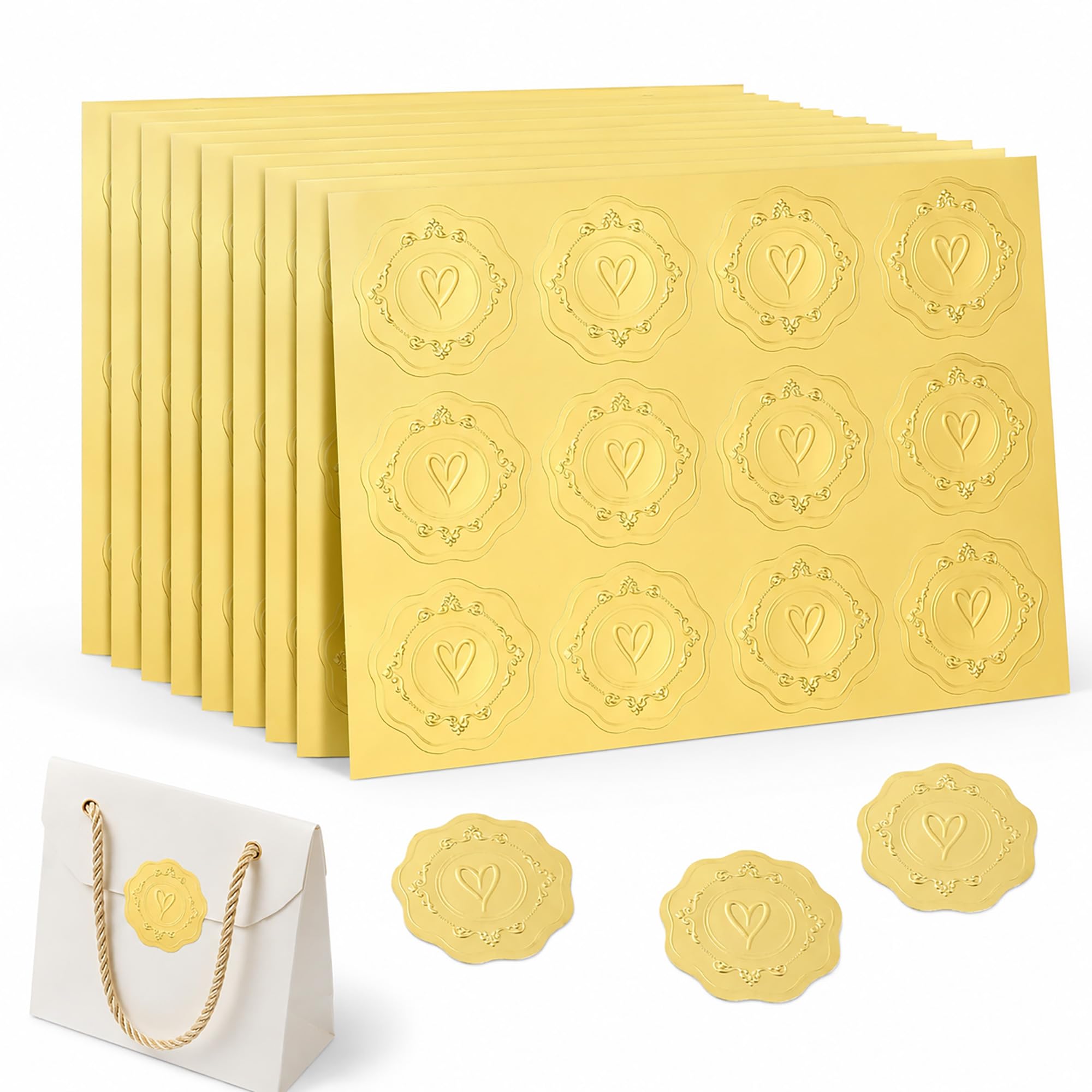 Gold Envelope Seal Stickers – 120 Pcs Wax Seal Stickers with Embossed Heart Design – Self Adhesive Envelope Stickers for Wedding Invitations Cards Gift Wrapping Party Favours