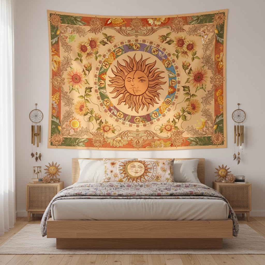 Accnicc Żółty gobelin ze słońcem i księżycem, vintage, indyjski, boho, wiszący gobelin ścienny ze słonecznikami, motylami, konstelacją, estetyczne gobeliny ścienne do sypialni, akademika, salonu