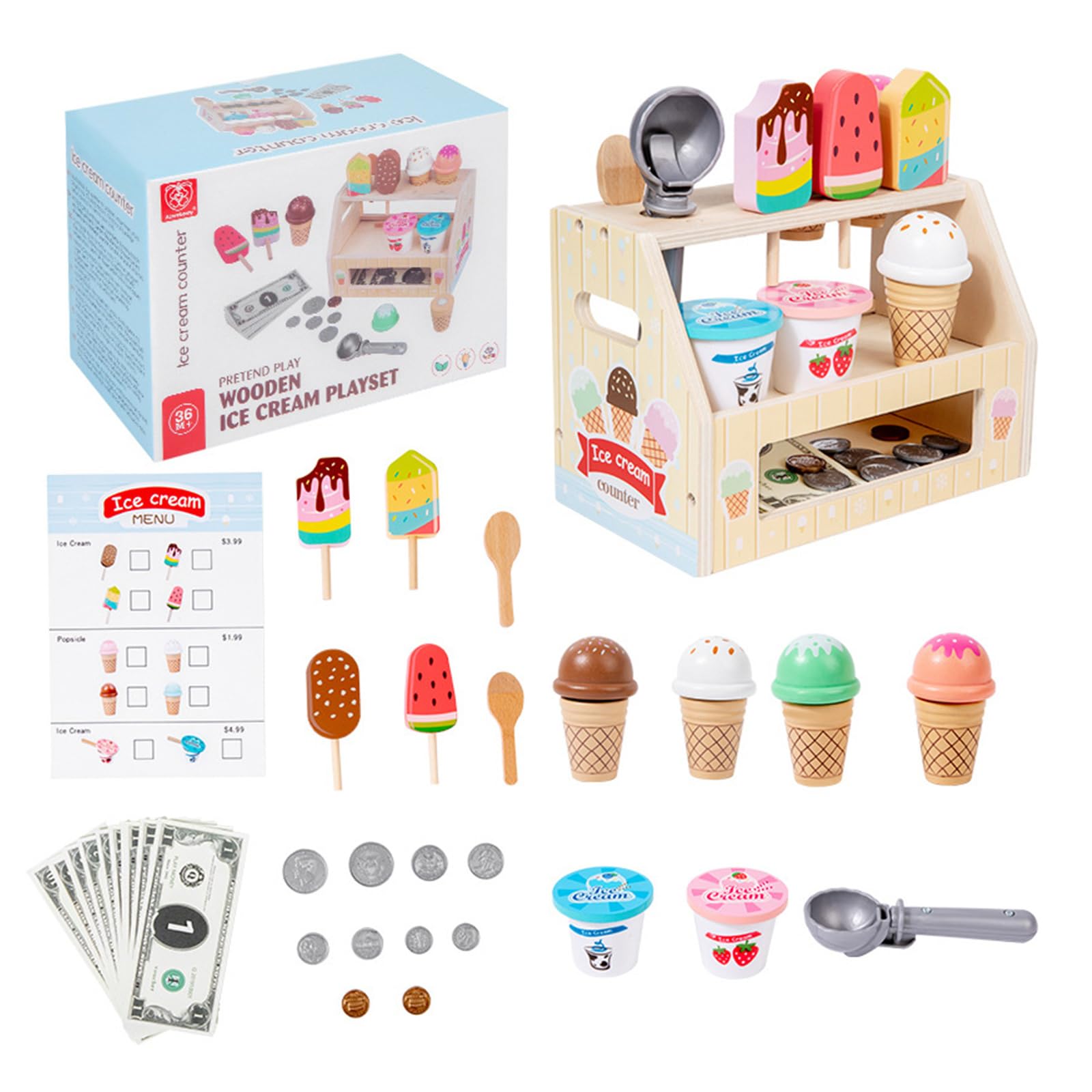 Interaktives Eisdielen Spielset aus Holz für fantasievolle Lernaktivitäten 3 Jahren Rollenspiel Eisdiele mit Schaufeln und Waffeln