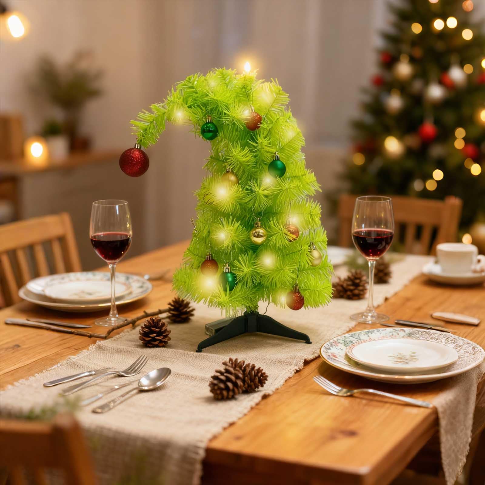 Mrinb 45CM Artificial Whimsical Mini Christmas Tree with Battery Operated LED Lights, Includes Baubles, Drooping Tip Tabletop Xmas Decor for Home, Office, Shop