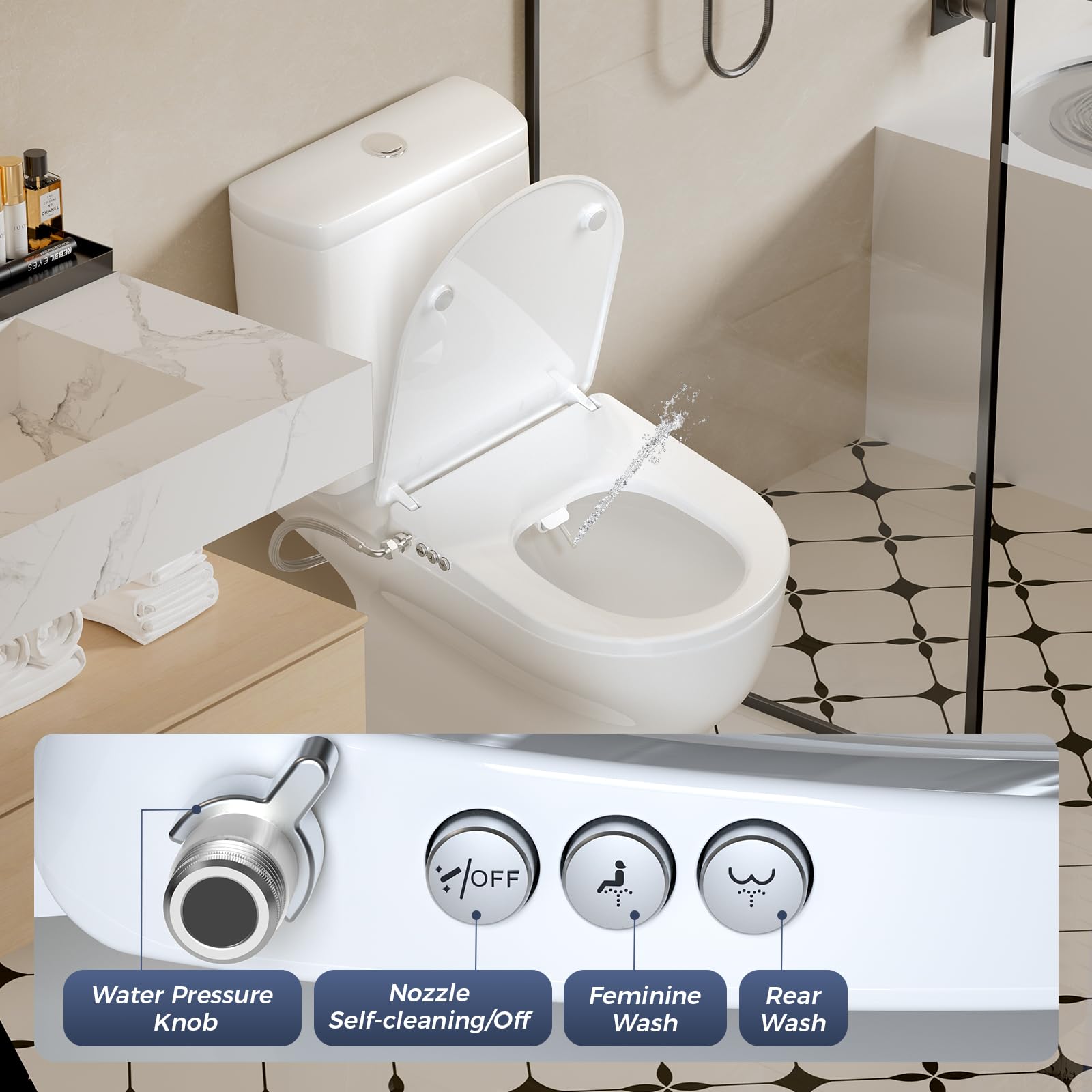 SAMODRA Abattant WC Forme D Bidet Cuvette Toilette Seat Cuvette Toilette Lunette Bidet Toilettes WC Avec Frein De Chute Lavage Des Hanches, Lavage FéMinin & Auto - Nettoyage (Forme D - Bouton)