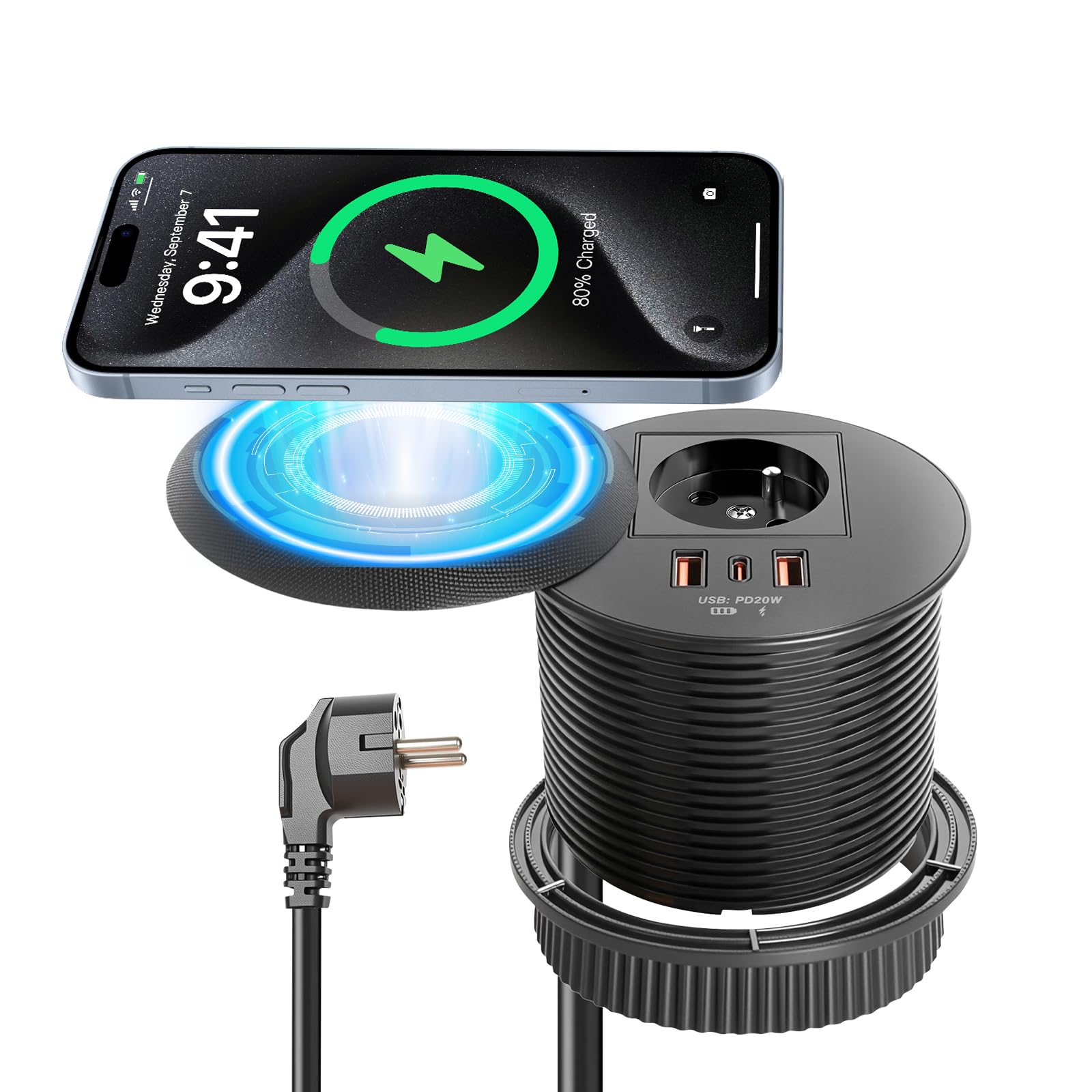Prise de table escamotable ronde 80 mm avec couvercle, prise de type E (FR), USB-C PD 20 W et USB-A, charge sans fil 15 W, prise encastrée, noire, pour bureau et meubles, câble de 1,5 m