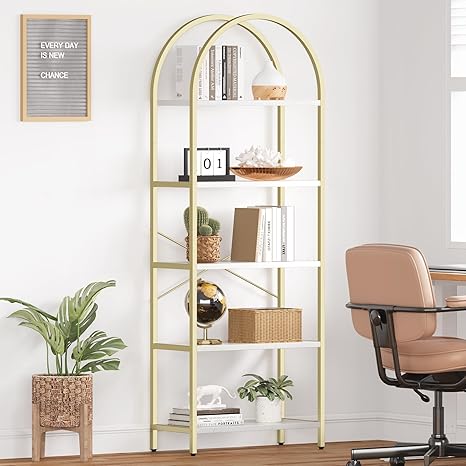 CABIHOME Bookshelf Tall Bookcase Arched Standing Bookshelves Modern Display Racks 5 Tier Storage Rack Shelf Large Wood Book Shelf for Bedroom, Living Room, Home Office