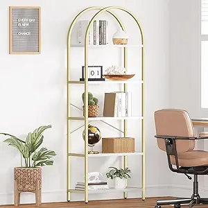 CABIHOME Bookshelf Tall Bookcase Arched Standing Bookshelves Modern Display Racks 5 Tier Storage Rack Shelf Large Wood Book Shelf for Bedroom, Living Room, Home Office