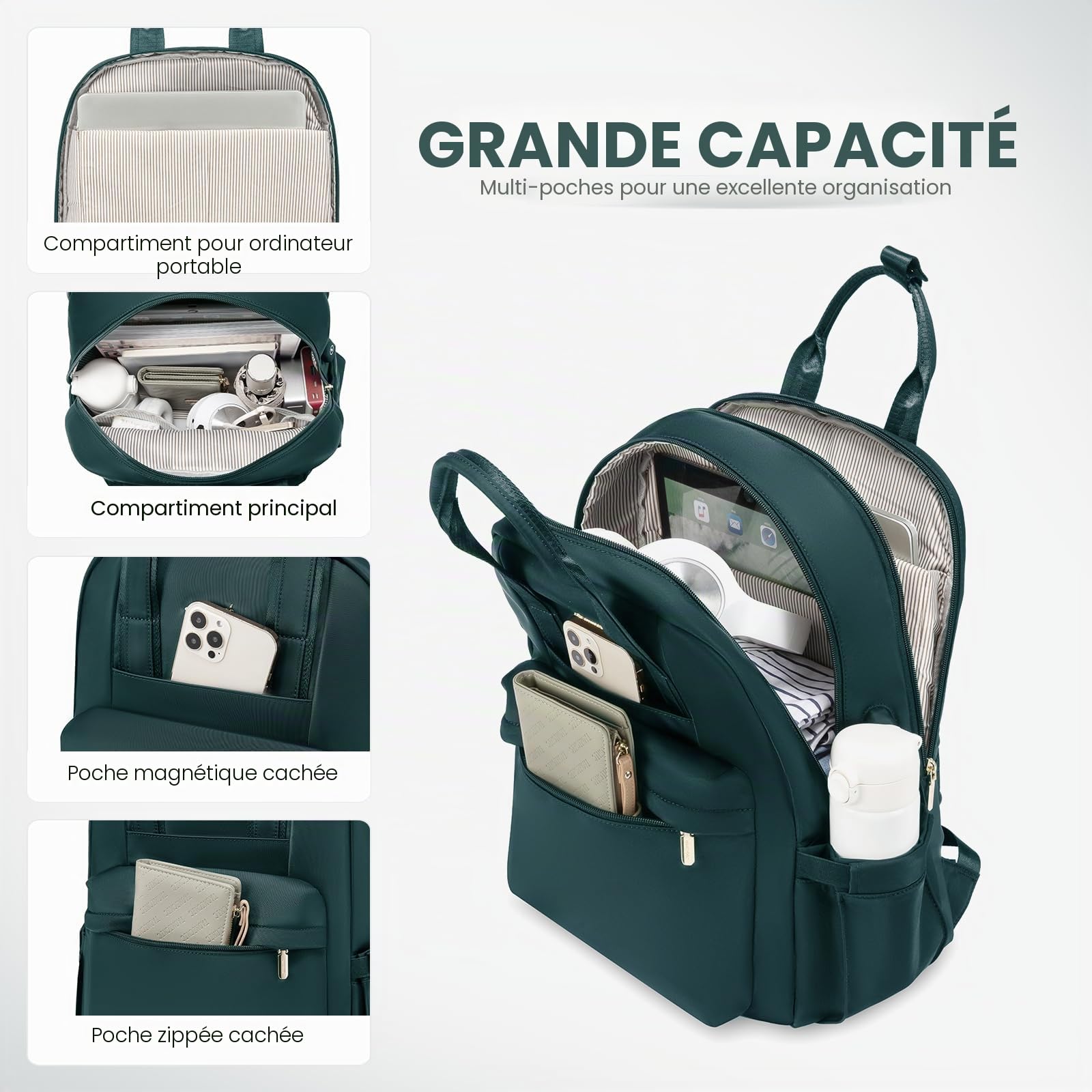 LOVEVOOK Sac à dos pour femme avec compartiment pour ordinateur portable - Étanche - Sac à dos de voyage élégant - Pour l'université, le bureau, les voyages, Vert foncé, 15.6 inches, Décontracté