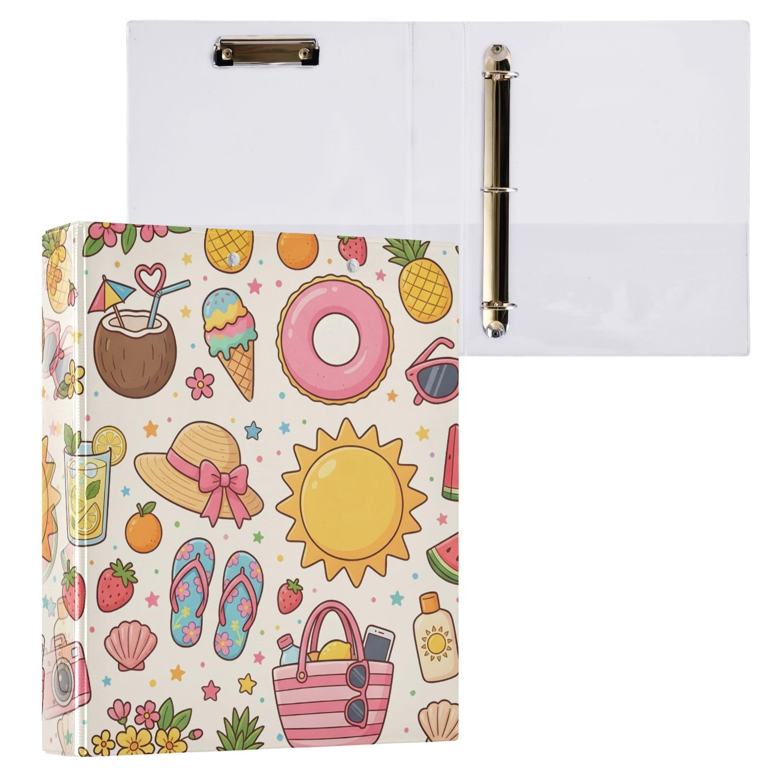 Raccoglitore a 3 anelli, motivo shopping estivo, 3,8 cm, anelli rotondi per 200 fogli, 3 raccoglitori ad anelli con clip in metallo antiscivolo
