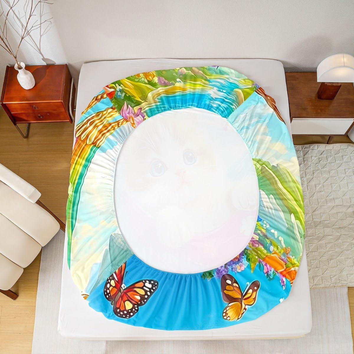 Cute Cat Fitted Sheet Full for Boys Kids Teens Bedroom,Lovely Pet Farm Animal Bedding Set(No Top Sheet),Spring Butterfly Floral Bed Sheets,Dreamy Natural Landscape Bed Cover,2 Pillowcases