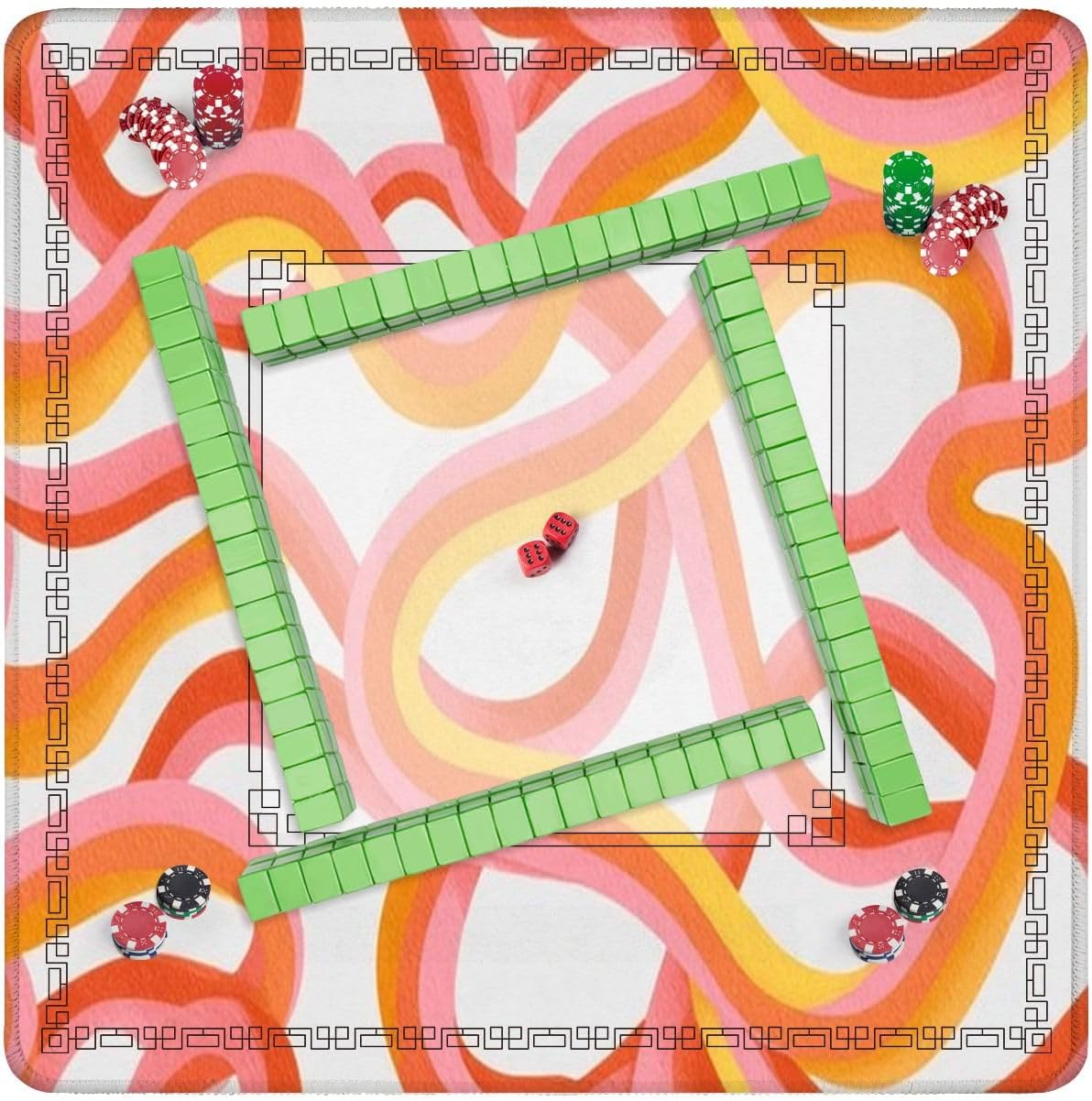 Mahjong Mat 31.5" x 31.5" Retro 60s Style Rainbow Seamless Pastel Color Stripes Pink Wave Non-Slip Noise Reduction Mahjong Tiles Table Cover for Dominoes Poker Card Board and Tile Games