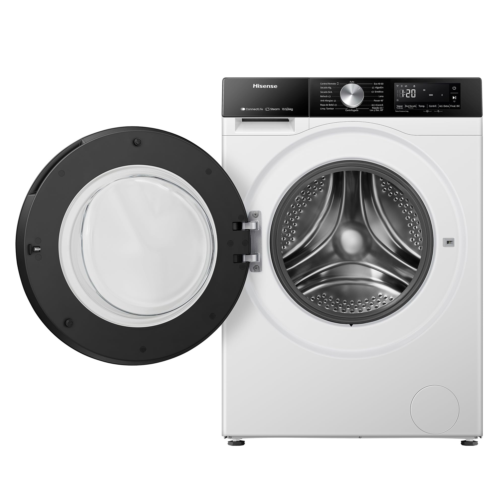 Hisense WD3S1043BW3 - Lavadora Secadora 2 en 1 con Vapor,Clase D/A, Carga Frontal 10.5 kg Lavado, Secadora 6 kg, Conectividad WiFi, Programación Asistida, Monitor de Consumo, Serie 3S, Blanco