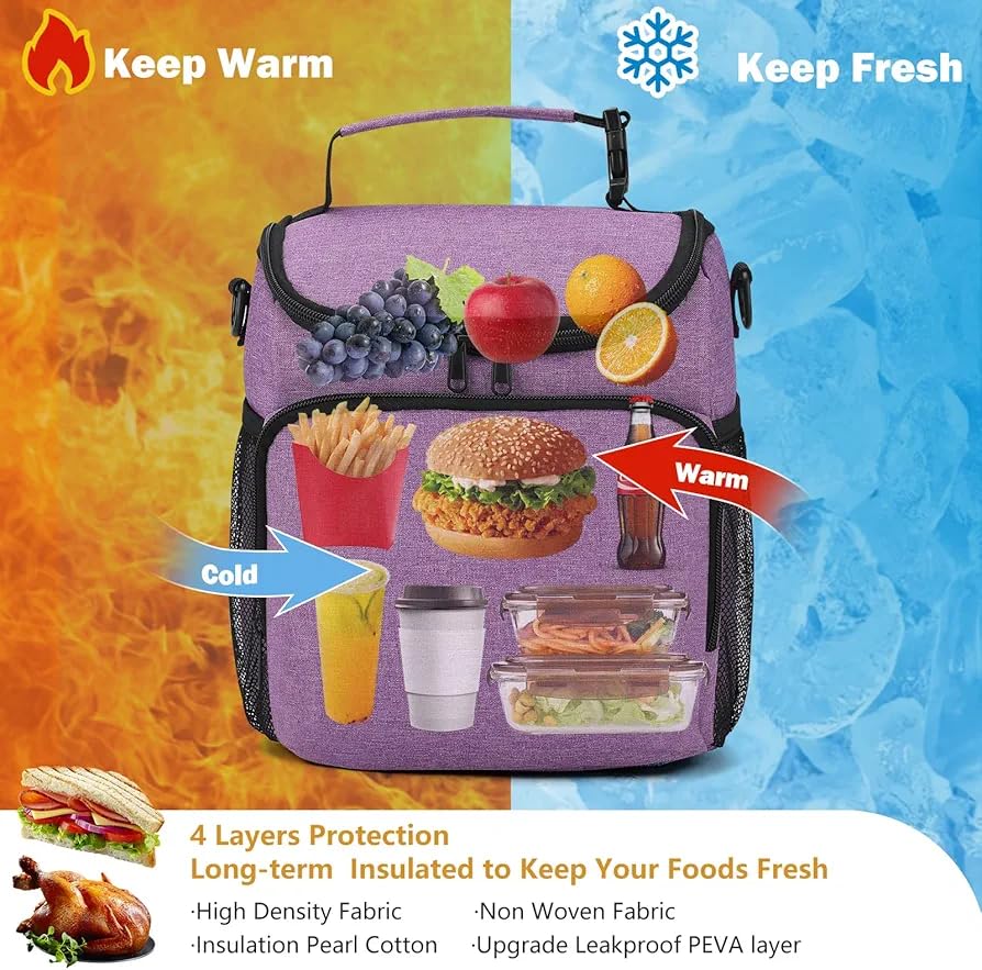 Image of Insulated Lunch Bag with Shoulder Strap, Large Cooler Tote Bag, Black, for Work and Travel (Purple)