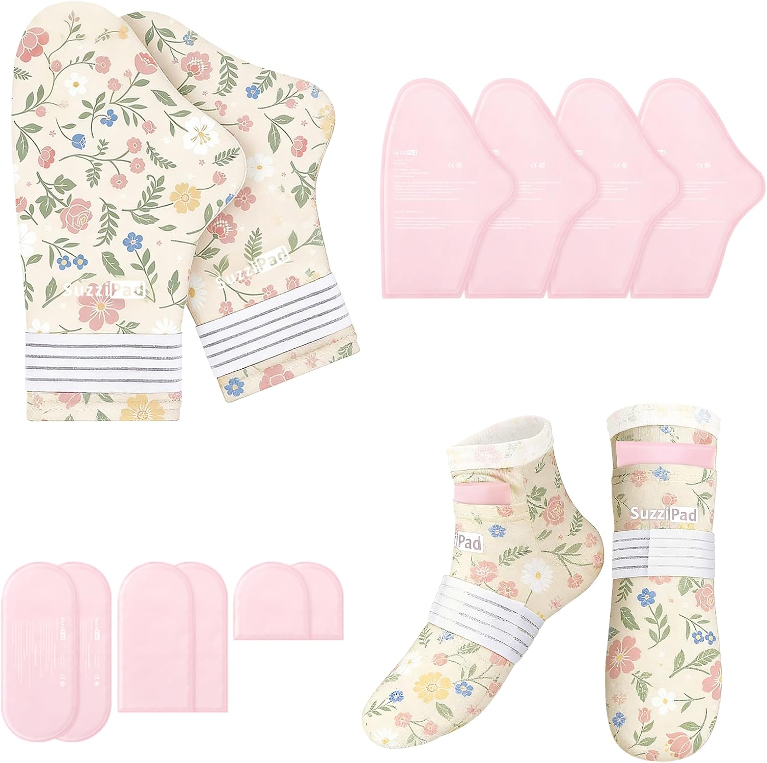 SuzziPad Cold Therapy Socks and Hand Ice Pack for Chemotherapy Patients, Tired Achy Hands & Feet, Swelling Comfort, Chemotherapy Must Haves for Women, Chemo Side Effects, Ditsy Floral, Beige, S/M