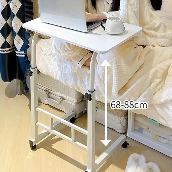 Height Adjustable Mobile Table with Wheels, Portable Laptop Tables Workstation Laptop Overbed TV Tray, Rolling Bedside Sofa Side Desk, C‑Shape Table for Home Hospital Couch S & White