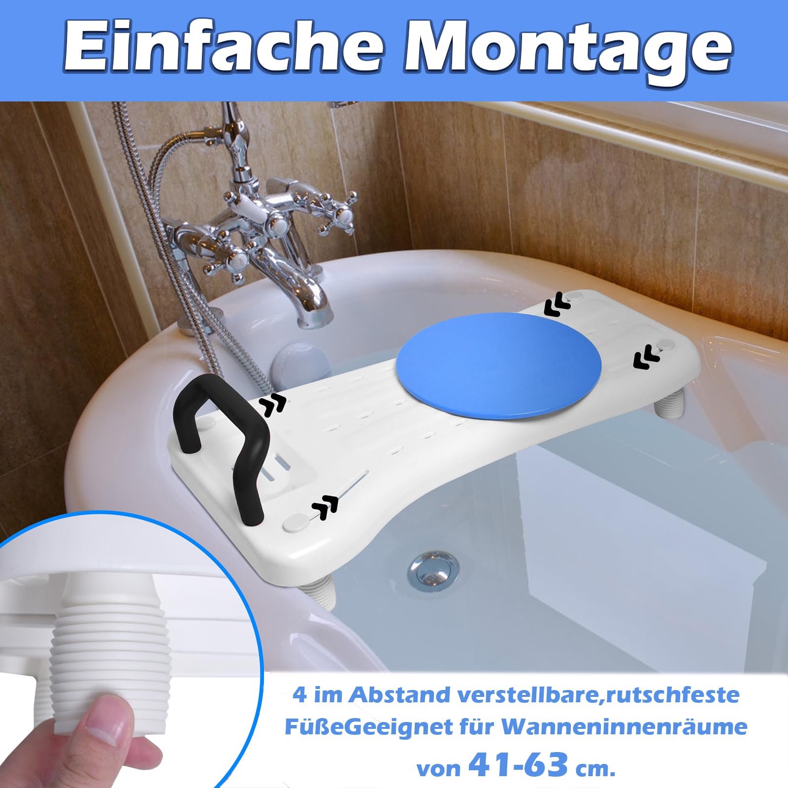 LZQ Badewannenbrett Badewannensitz Senioren mit 360º Drehscheibe, Schwarz Griff und Seifenablage, Einstellbar Wannensitz Sitzbrett für Badewanne für Erwachsene Tragkraft 150kg