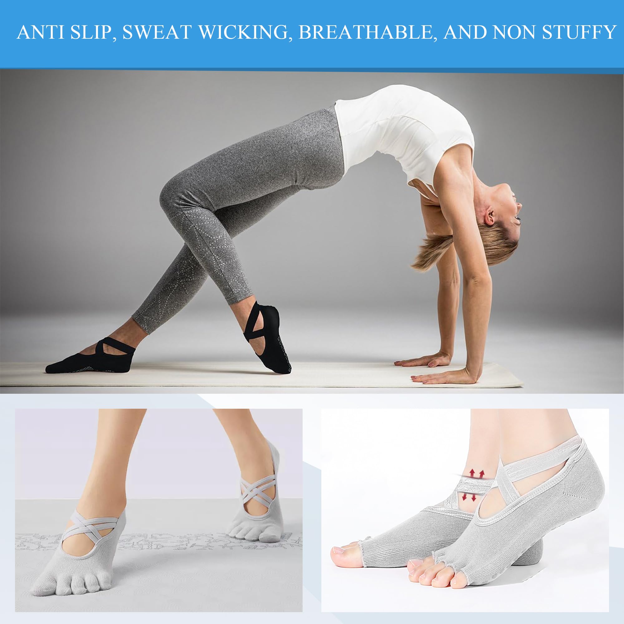 Keroius 2 pairs Yoga Socks Non Slip Skid Grip Socks Sticky Gripper Socks for Women and Men Ballet Pilates Hospital Dance: Exposed Toe Socks Gray