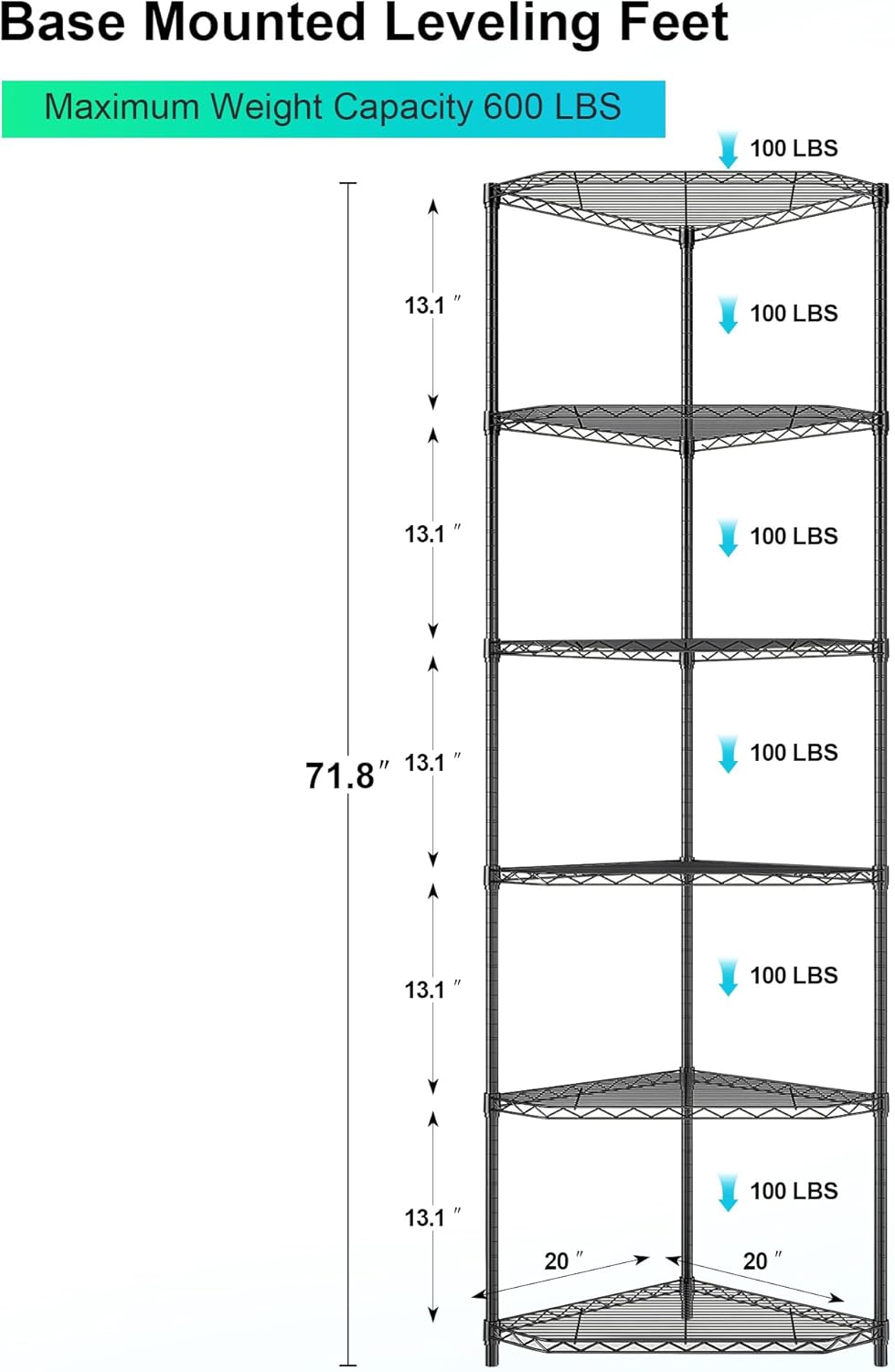 Dolonm 6 Tier Corner Shelf, NSF Wire Shelving Unit, 600 LBS Corner Storage Shelf, 20" D x 20" W x 72" H, Corner Shelves, Heavy Duty Corner Standing Shelves, Height Adjustable Rack, Pentagonal, Black