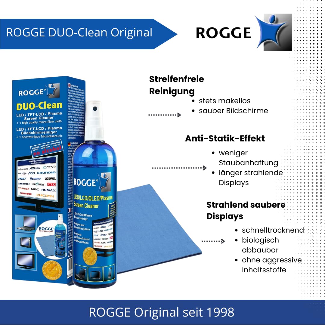 ROGGE DUO CLean Original, 250 ml LCD/TFT + środek do czyszczenia plazmy + 1 profesjonalna ściereczka z mikrofibry