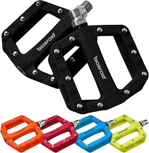 BOWOD Flat MTB Bicycle Pedals Mountain Bike Colored Pedals, Glass-Fiber Nylon Composite Platform Pedal w 916" Sealed Cr-Mo Spindle, BMX Gravel Road
