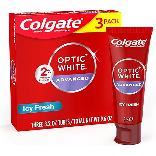 Colgate Optic White Advanced Hydrogen Peroxide Toothpaste Pack, Teeth Whitening Toothpaste, Enamel-Safe Hydrogen Peroxide Formula, Helps Remove Tea, Coffee, and Wine Stains, Icy Fresh, 3 Pack, 3.2 oz