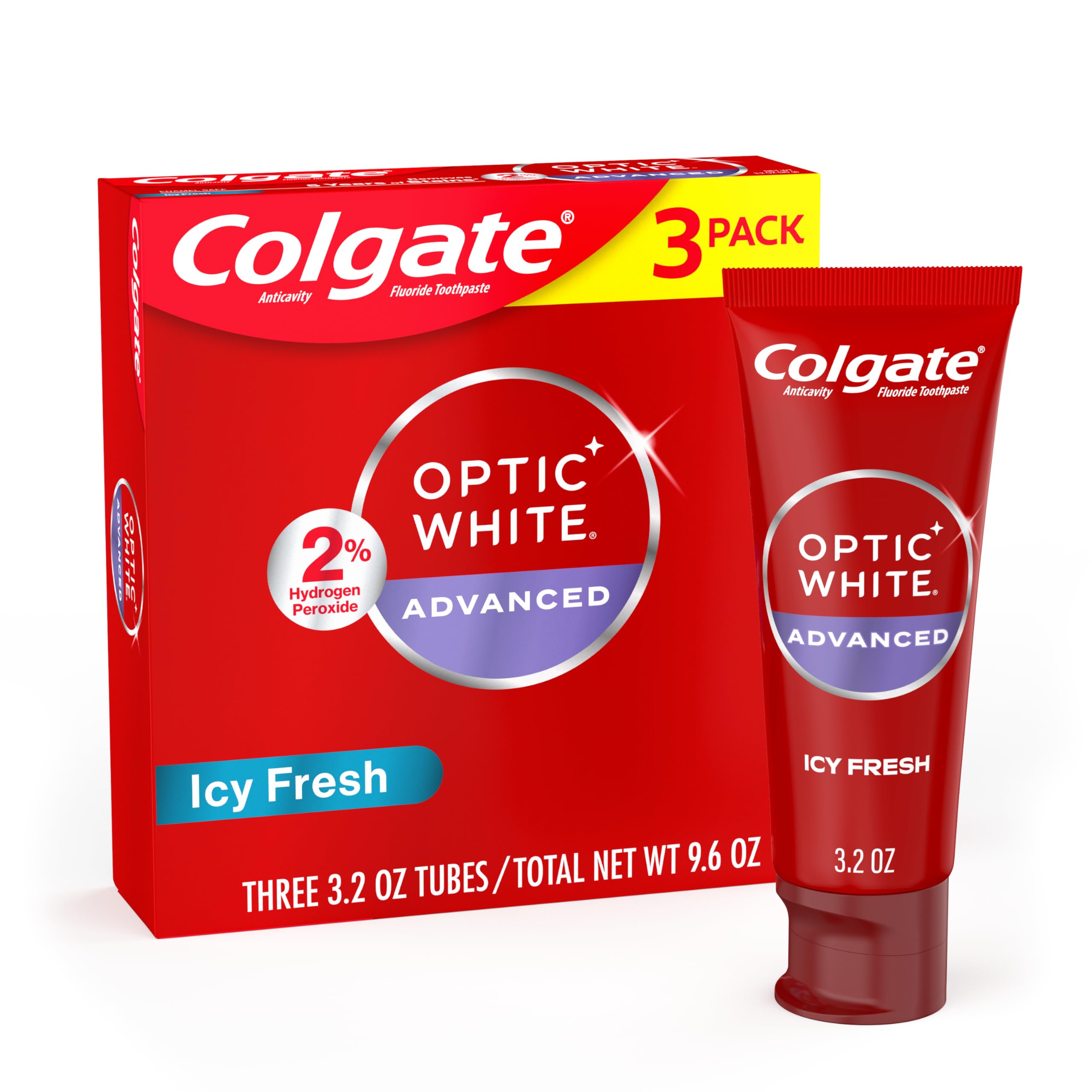 ColgateOptic White Advanced Teeth Whitening Toothpaste, 2% Hydrogen Peroxide Toothpaste, Icy Fresh, 3.2 Oz, 3 Pack