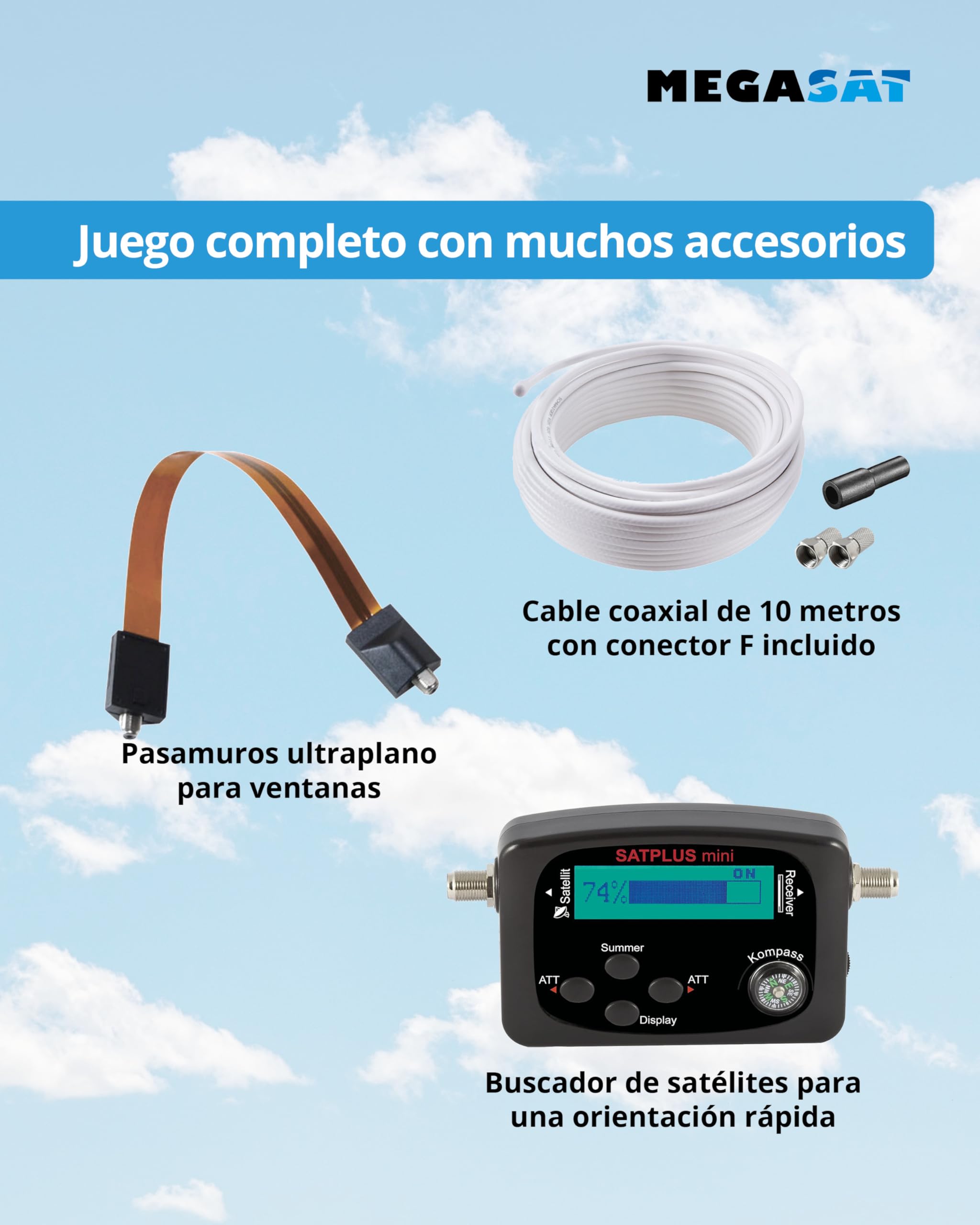 Megasat Antena Plana Set – D1 Profi-Line (1 Usuario, Incl. 10 m de Cable, buscador de satélite, pasacables para Ventana, LNB Intercambiable, múltiples Opciones de Montaje) – Blanco
