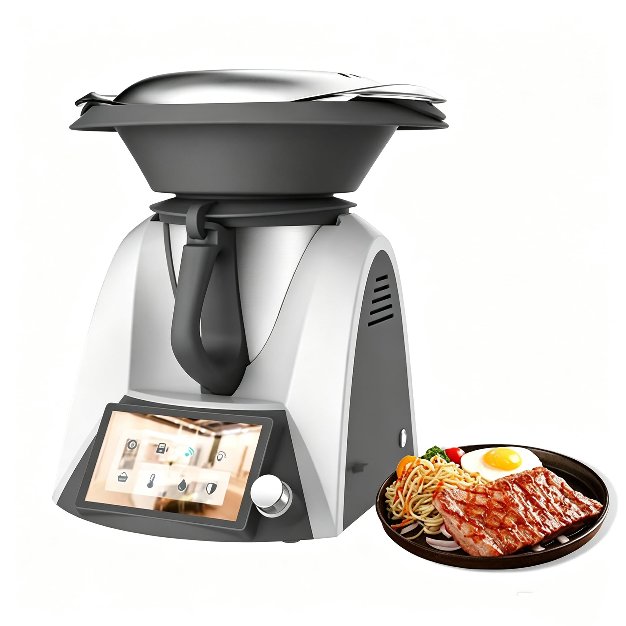 Robot de Cocina Inteligente Thermomixer Eléctrico, Máquina de Cocina Automática de 1500W con Pantalla Táctil WiFi de 7 Pulgadas, Cuenco de Mezcla de 2L y Vaporizador de 3L