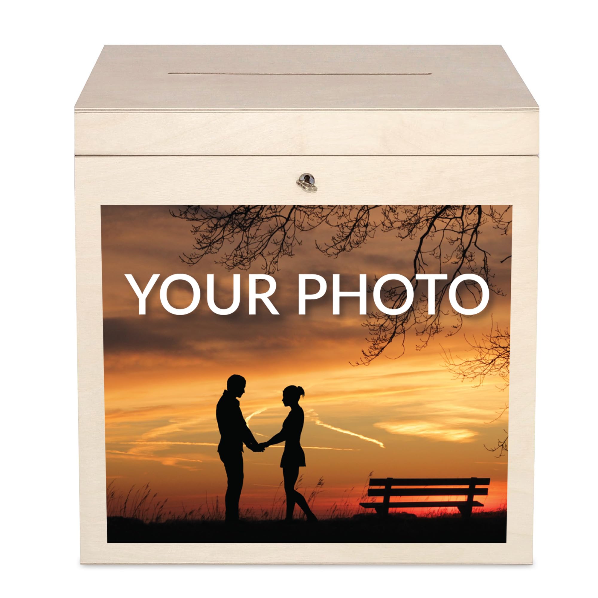 Creative Deco Beige Personalised Lockable Wooden Wedding Card Box | 29 X 25 X 30 Cm | Your Photo/Logo | Unpainted Plain Storage Box With Lid | Wood Keepsake Memory Trinket Chest For Post