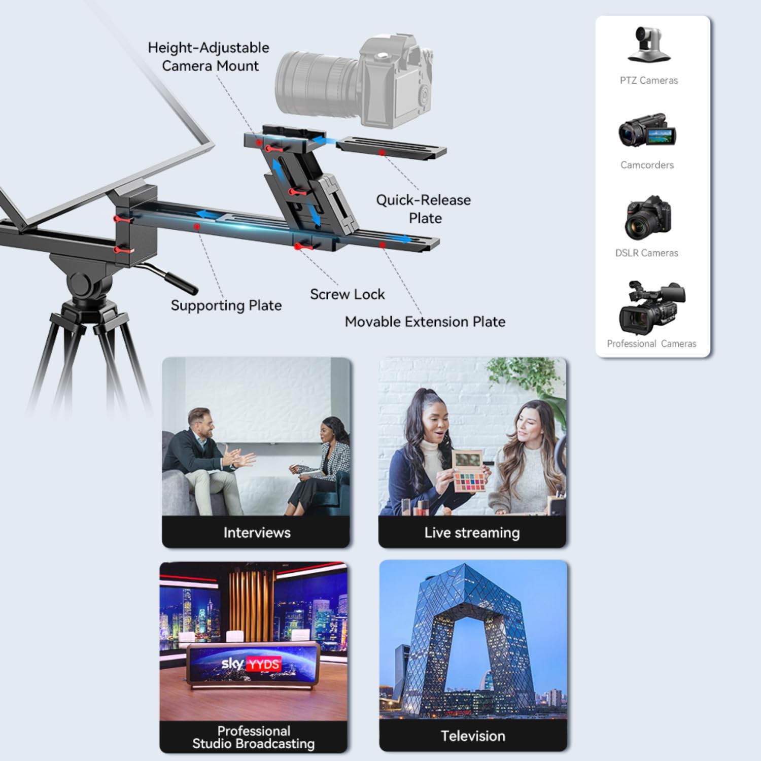 DESVIEW DT22 Teleprompter, 22 Zoll Full HD Großbildschirm, Professioneller Prompter mit Stativ für Kameras/DSLR/Smartphones, Ideal für TV-Studio, Live-Streaming (Not Included Base Rollers and Tripod)