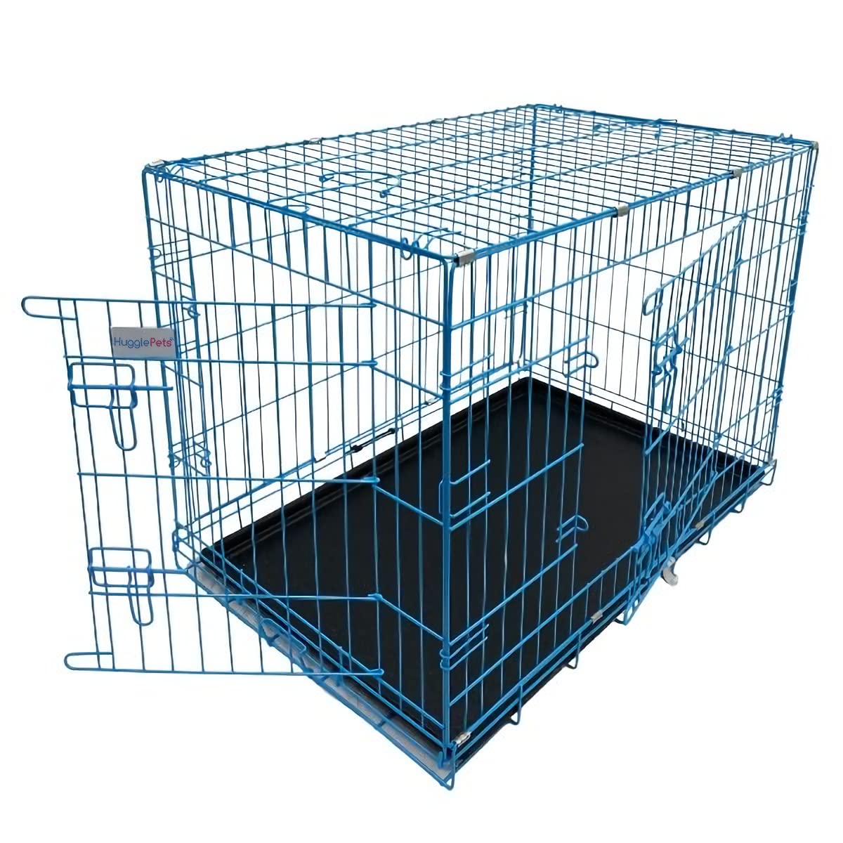 HugglePets Extra Small Dog Crate - Blue. Lockable Dog Crate & Puppy Pen with Removable Plastic Tray. Lightweight, Foldable Cage for Travel, Car, Indoor or Outdoor Use