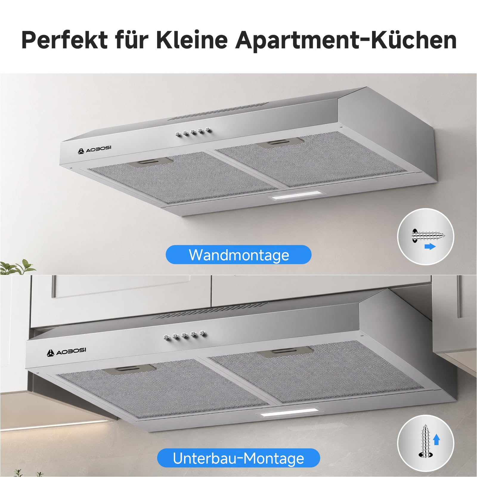 AAOBOSI A++ Dunstabzugshaube Unterbau 60cm, 3 Leistungsstufen, 230m³/h Unterbauhaube, mit Abluft oder Umluft mit Kohlefilter, LED-Licht, Edelstahl Silber