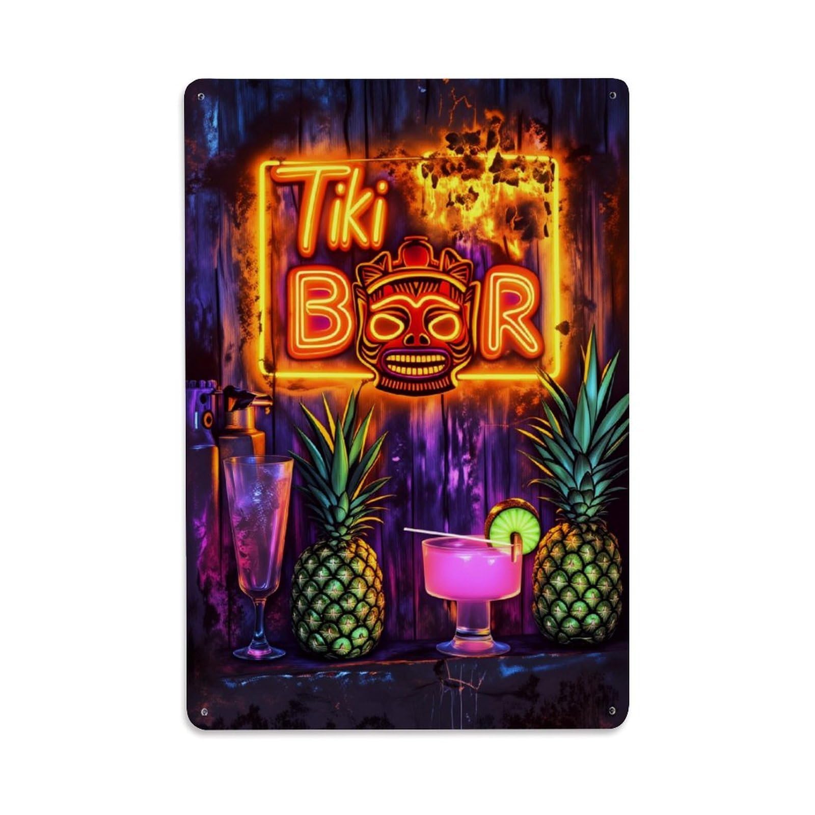 Tiki Bar Neon Pineapple Cocktail Vintage Tin Sign Retro Metal Wall Decor Metal Poster, Home Bar Garage Man Cave Cafe Indoor & Outdoor Decoration 8x12Inches