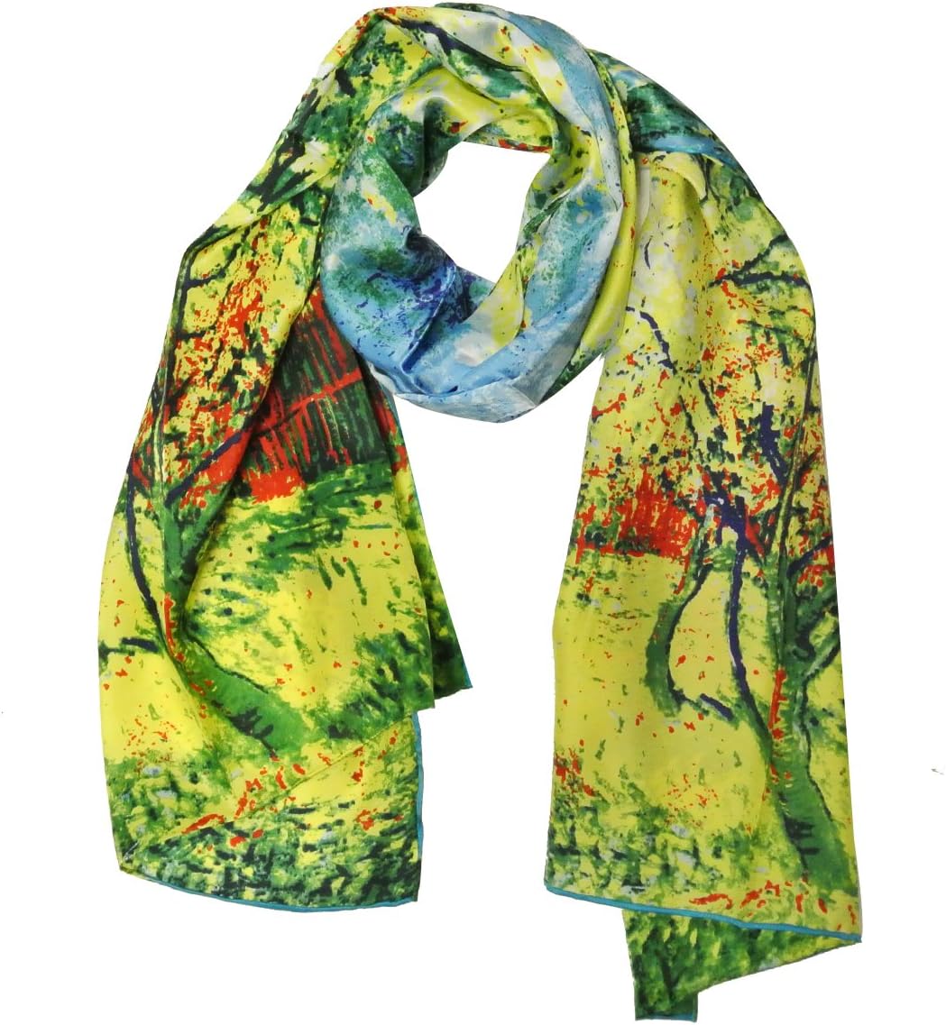 allydrew Luxurious 100% Charmeuse Silk Long Scarf/Silk Long Wrap with Hand Rolled Edges - Van Gogh's Peach Tree in Bloom Light Blue