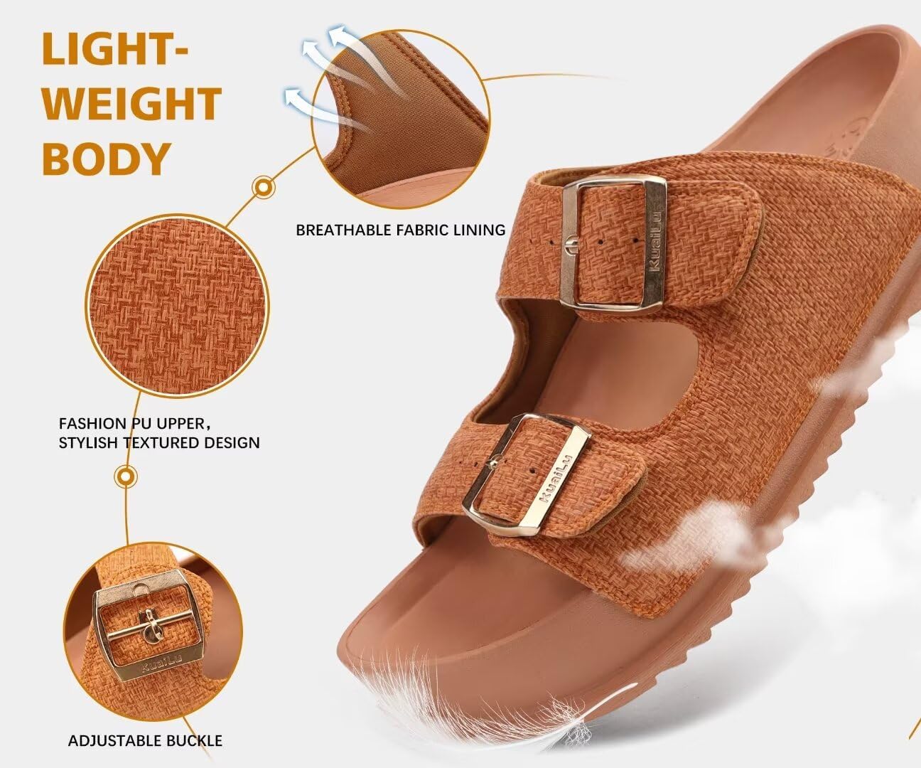 KuaiLu Womens Sandals with Arch Support Comfortable Orthopedic Cushion Recovery Slides Summer Fashion Leather Double Buckle Casual Slip On Plantar Fasciitis Shoes for Indoor&Outdoor (US Size 6-12) - Image 5