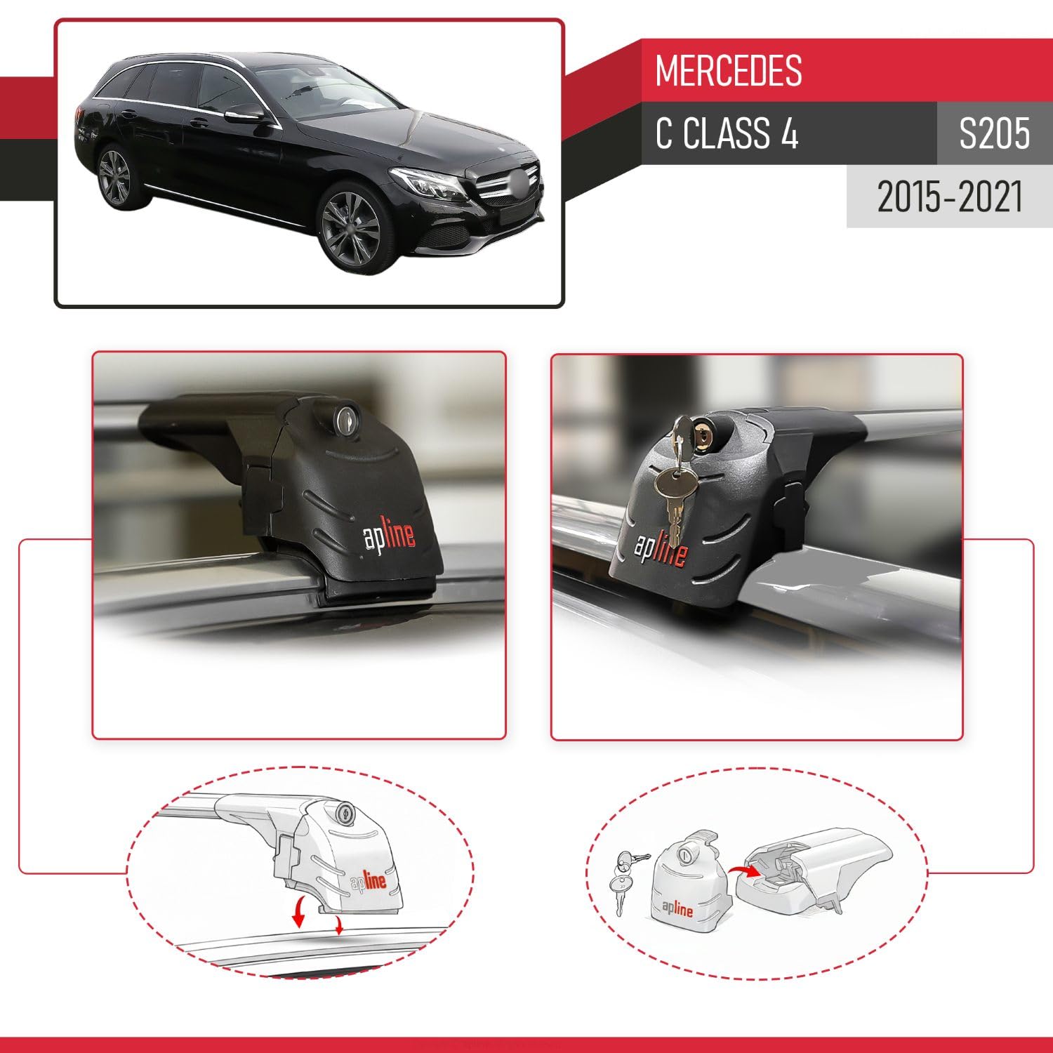 Compatibile con Mercedes C-Class 4 (S205) 2015-2021 Modello ACE-2 Barre Tetto Portapacchi Auto Barre Portatutto Grigio Alluminio 2 Barre