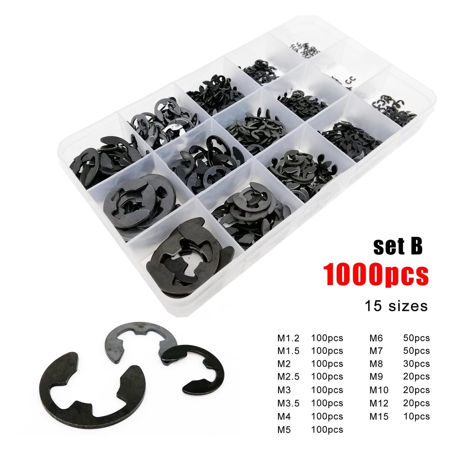 580/1000 Uds M1.2 M1.5 M2 M3 M4 M5 M6 M10 M12 M15 Eje de Acero al Carbono retención Externa Bloqueo E Clip a presión arandela de Seguridad (Color : Set B 1000pcs, Size : 1)