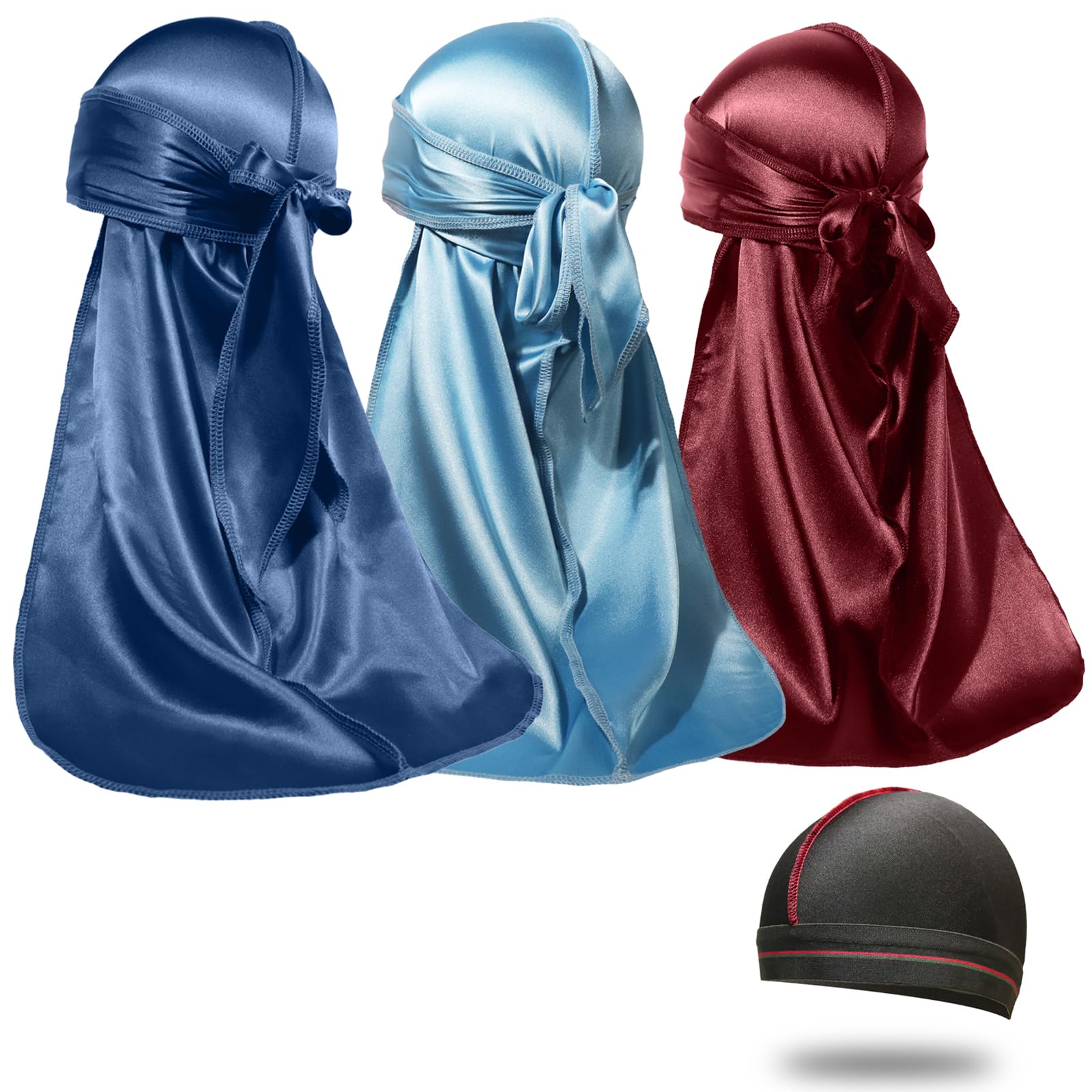 ForceWave Silky Satin Durags 3 Pieces and 1 Wave Cap Pack for Men Waves